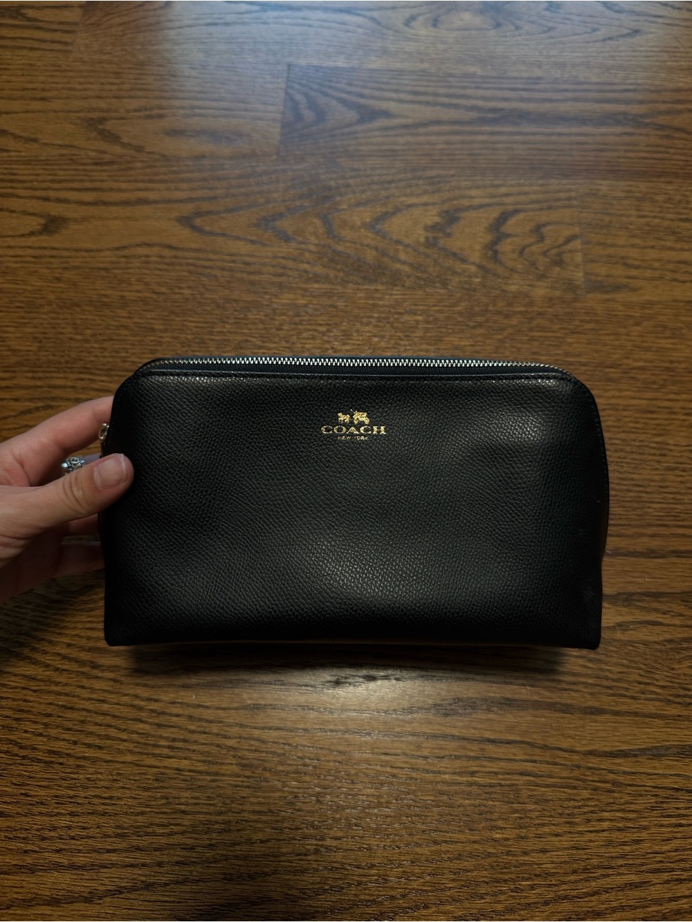 Coach Black Leather Zip Toiletry Pouch with Gold Logo